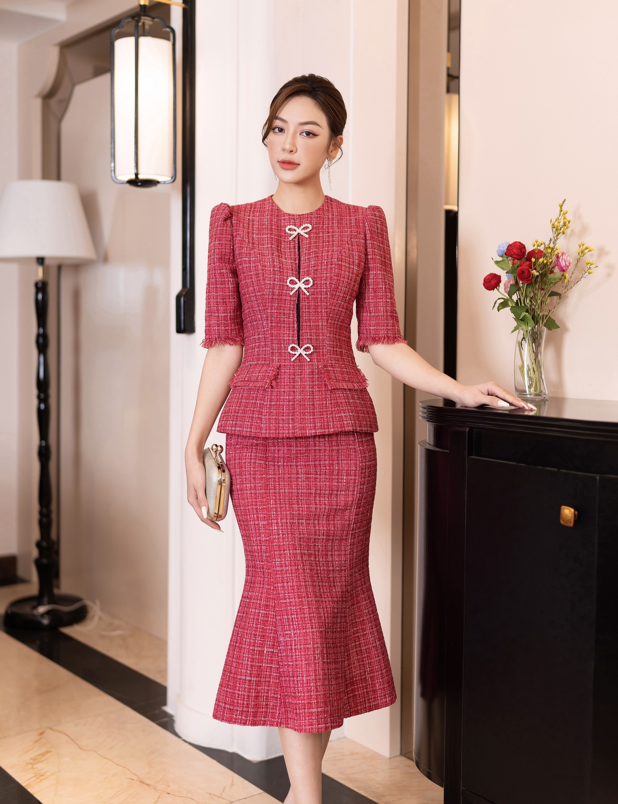 Set bộ Tweed đỏ hồng tag nơ - 4119