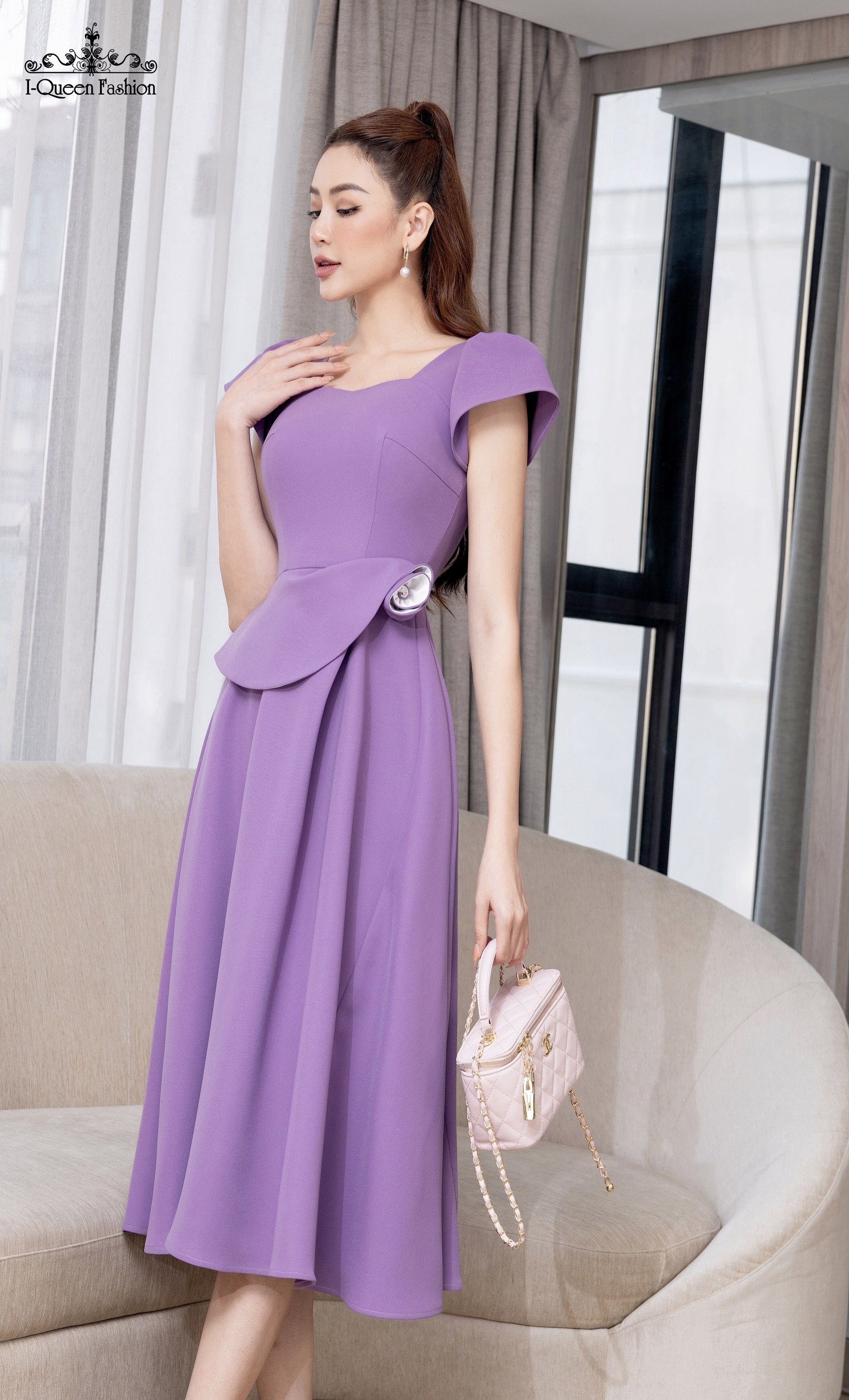 Váy xòe hồng tím hoa eo - 3826