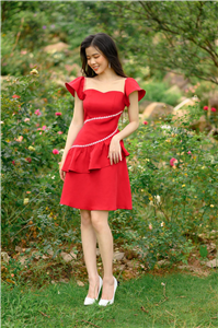 Váy xòe đỏ nhún bèo chân- XTK2542