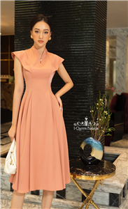 Váy xòe hồng san hô xếp ly tà - 3259 -H