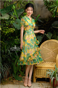 Váy xòe hoa nhiệt đới dải bèo cổ- 2711
