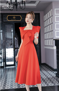 Váy xòe đỏ nơ bản cổ vuông - 3807