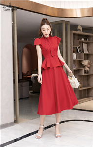 Váy xòe peplum đỏ cổ vạt - 3839