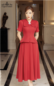 Váy xòe peplum đỏ cổ lượn - 3879