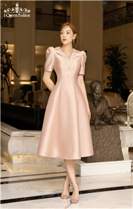 Váy xòe taffeta nude hồng cổ ve - 3871