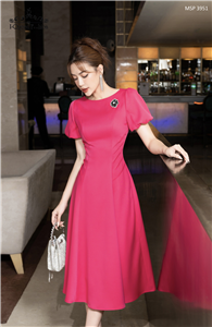 Váy xòe hồng sen chiết eo tay bồng - 3951