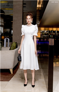 Váy xòe trắng tay bồng nhún eo - 3816